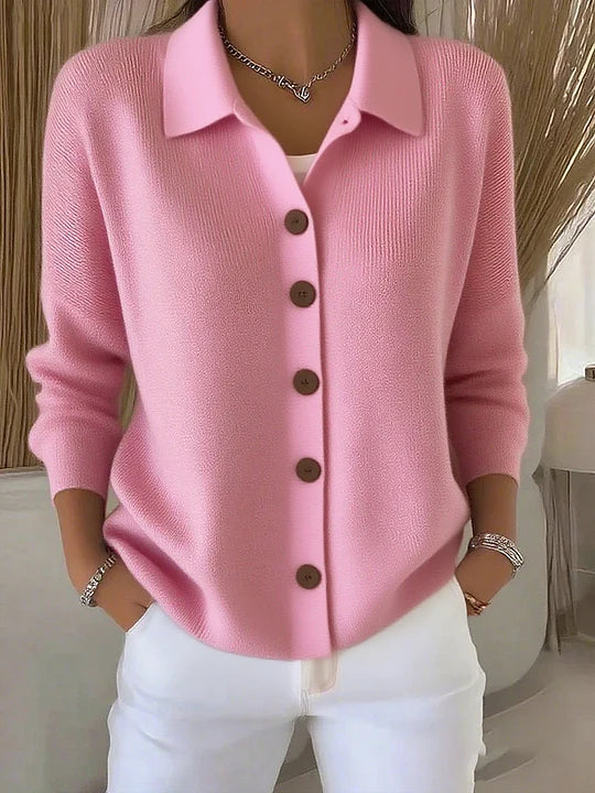 Maribel | Pink Collared Knit Cardigan with Button-Up Design