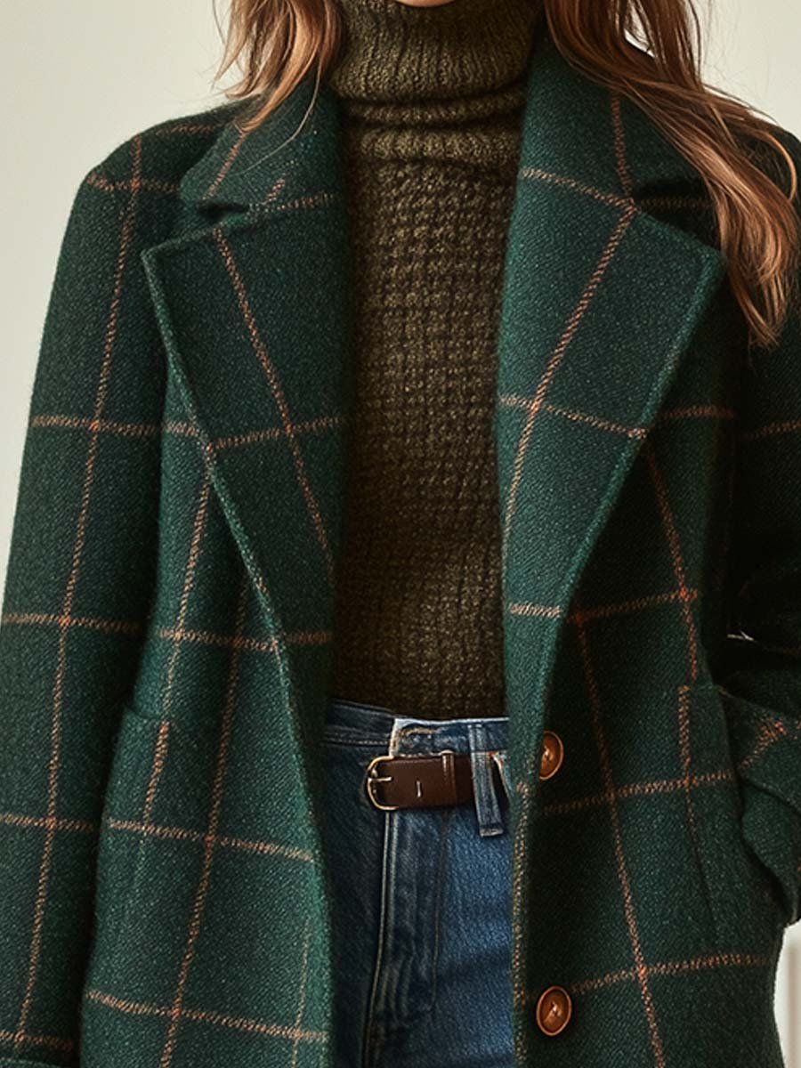 Women's-Retro Lapel Plaid Tweed Coat